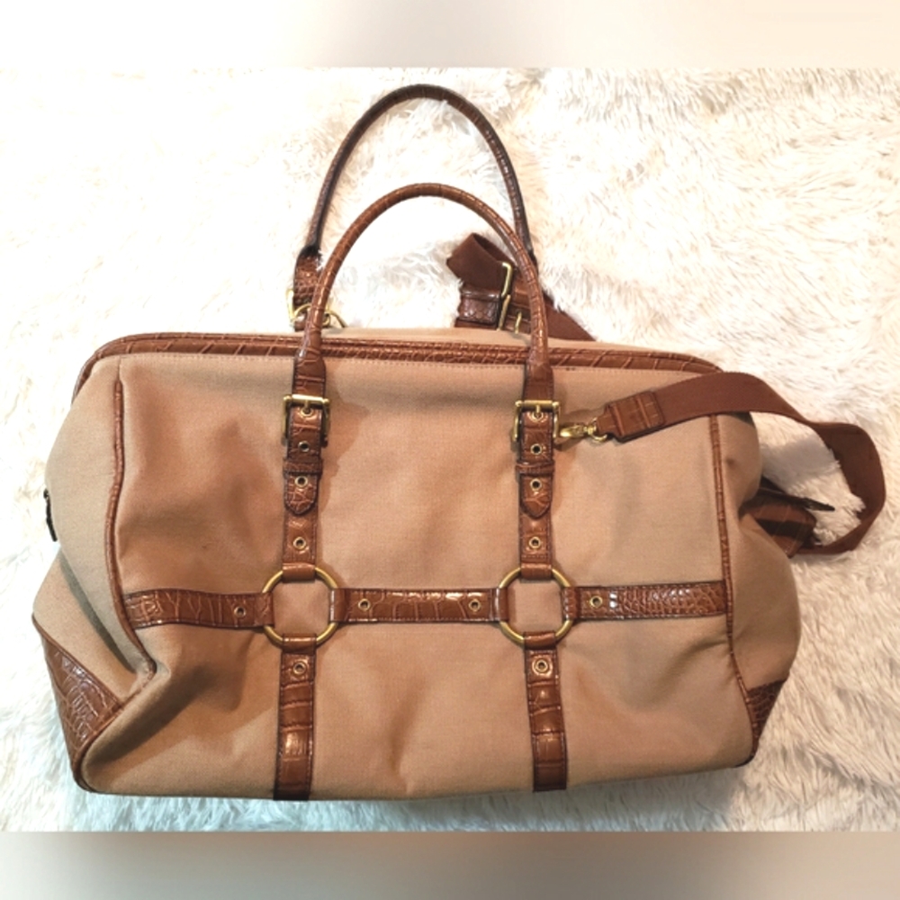 The Limited Tan Canvas Brown Croc Overnight Carry On Travel Bag Weekend Luggage